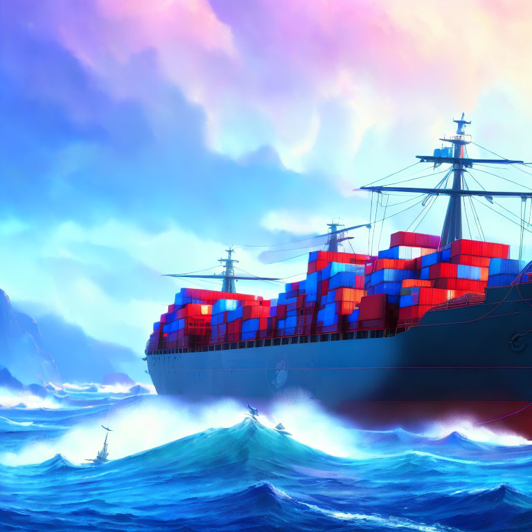 Cargo ship navigating turbulent seas under dramatic pink and blue sky