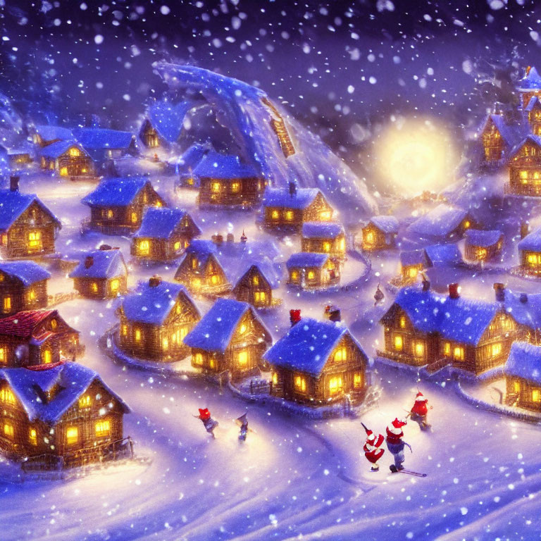 Snow-covered village at night with festive gathering