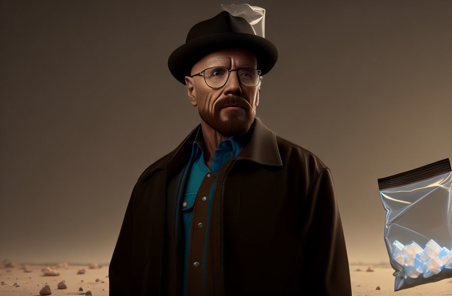 Man in Black Hat and Glasses with Blue Crystals in Desert Setting