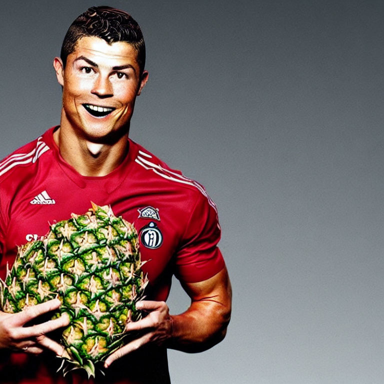 Smiling person in red sports jersey holding large pineapple