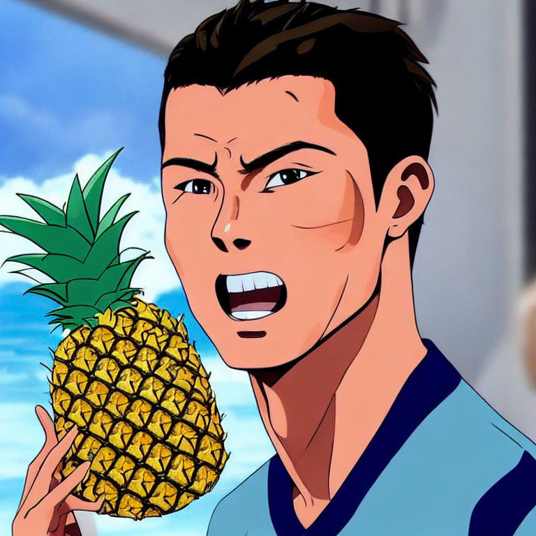 Animated character with pineapple in hand against blue sky