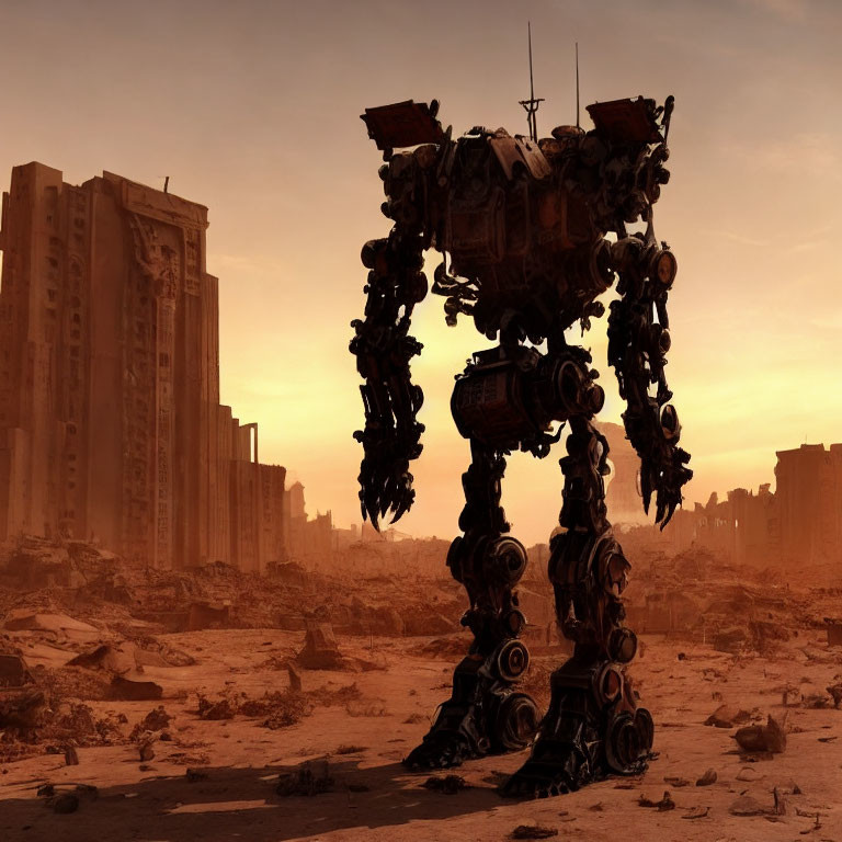 Giant mechanical robot in dystopian cityscape at sunset