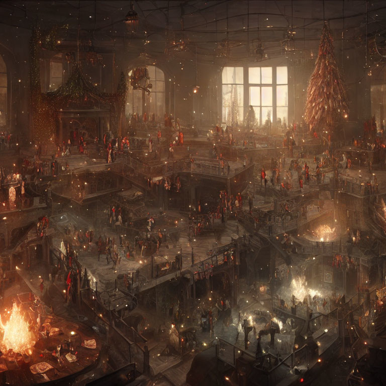 Indoor Christmas scene with multi-level space and festive decorations