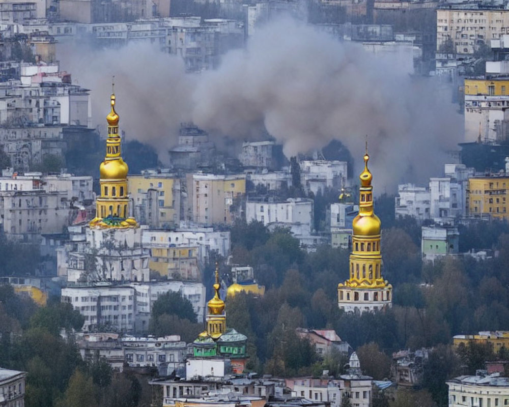 Cityscape with dense buildings, church spires, golden domes, and rising smoke