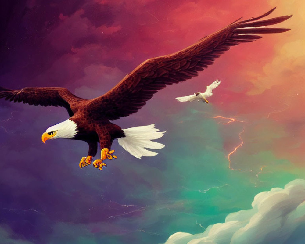 Eagle flying with outstretched wings in vibrant sky with lightning and smaller bird.