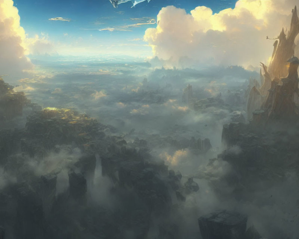 Fantastical Landscape with Towering Spires and Floating Rocks