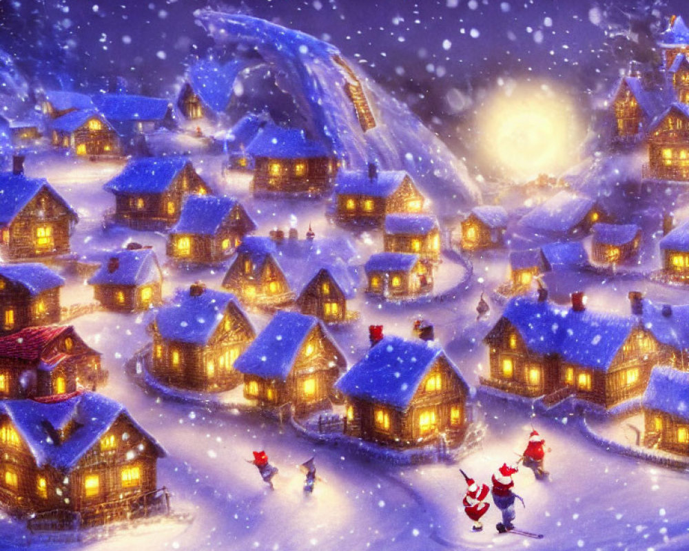 Snow-covered village at night with festive gathering