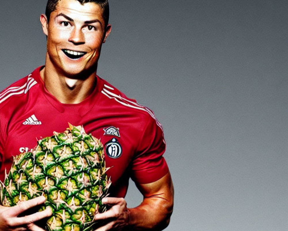 Smiling person in red sports jersey holding large pineapple