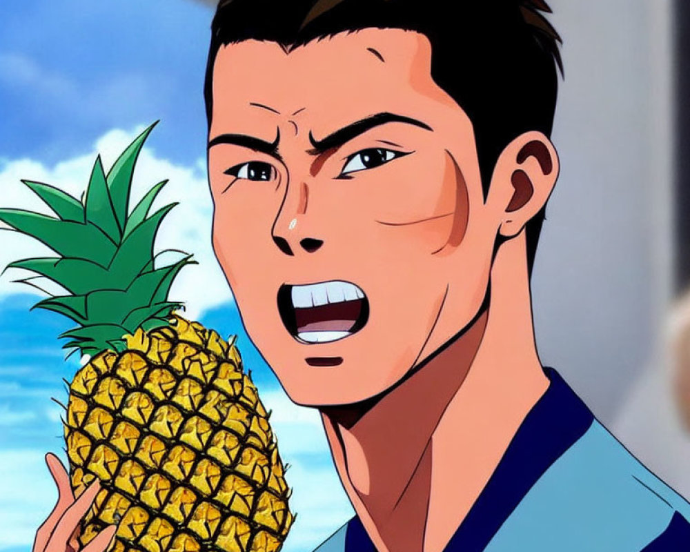 Animated character with pineapple in hand against blue sky
