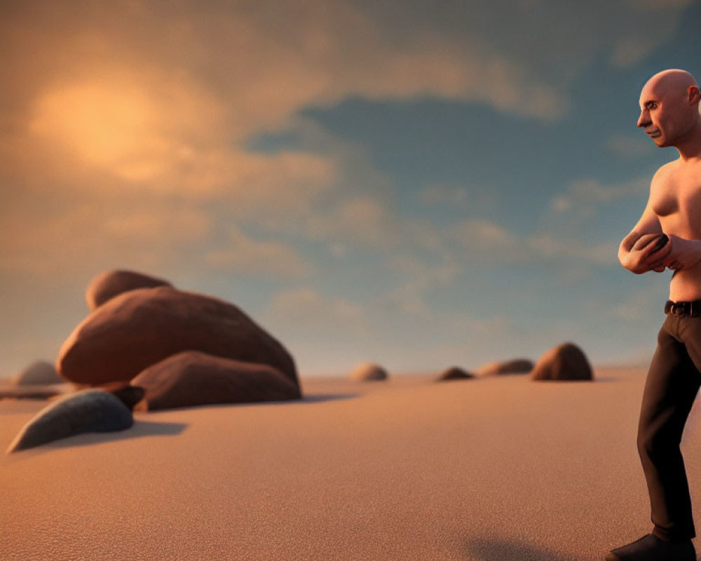 Confident bald animated character in desert landscape