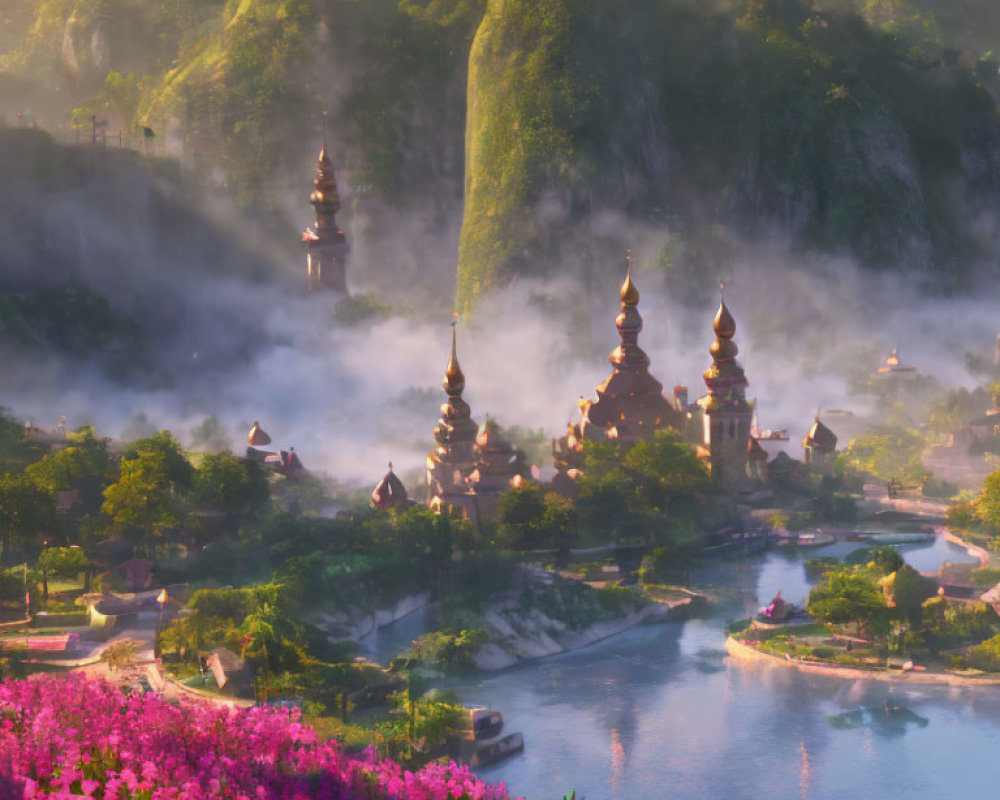 Asian landscape at misty sunrise with pagodas, river, greenery, and pink flowers