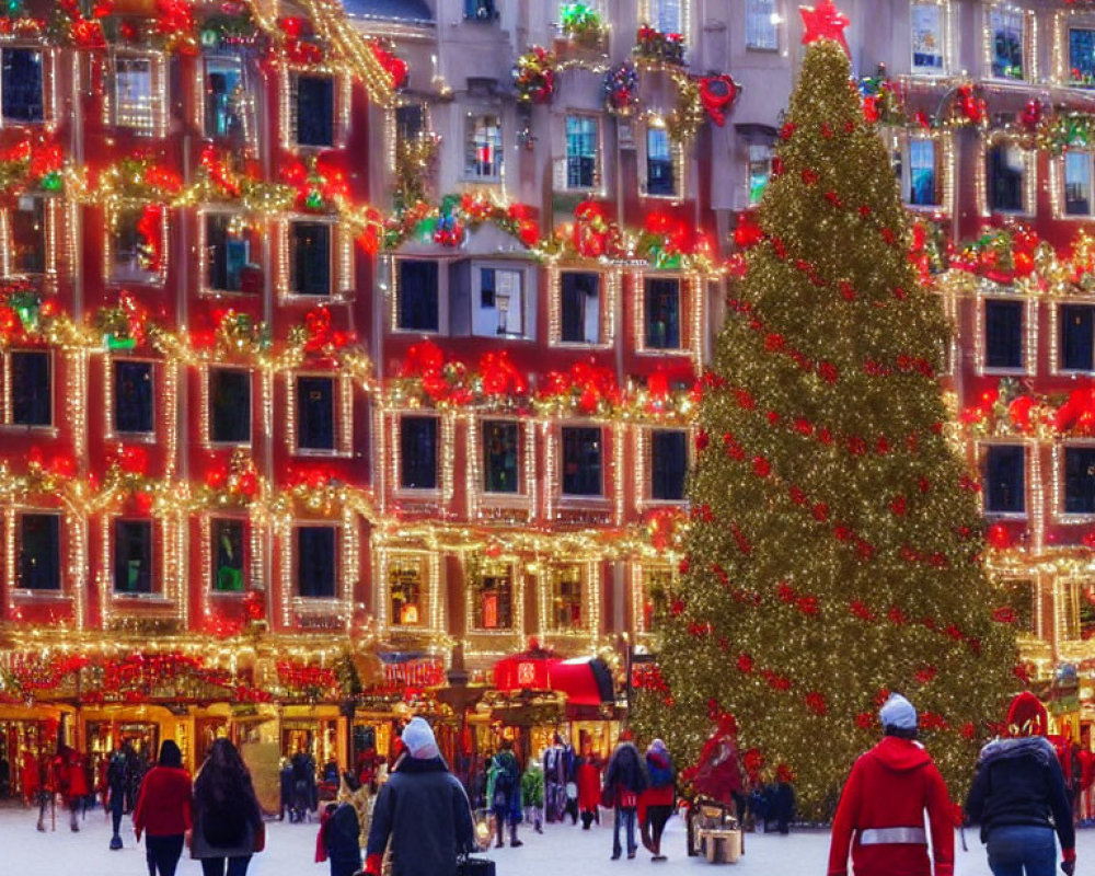 Festive Christmas Market with Pedestrians and Lit-Up Tree