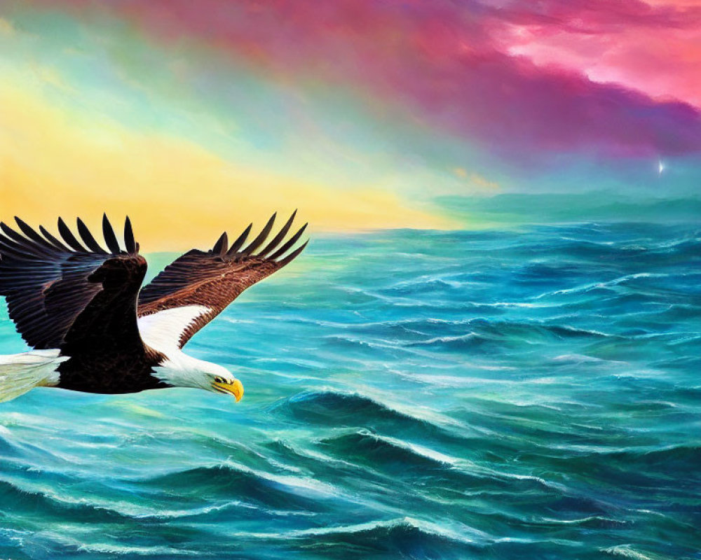 Majestic bald eagle flying over turbulent ocean waves under dramatic sky