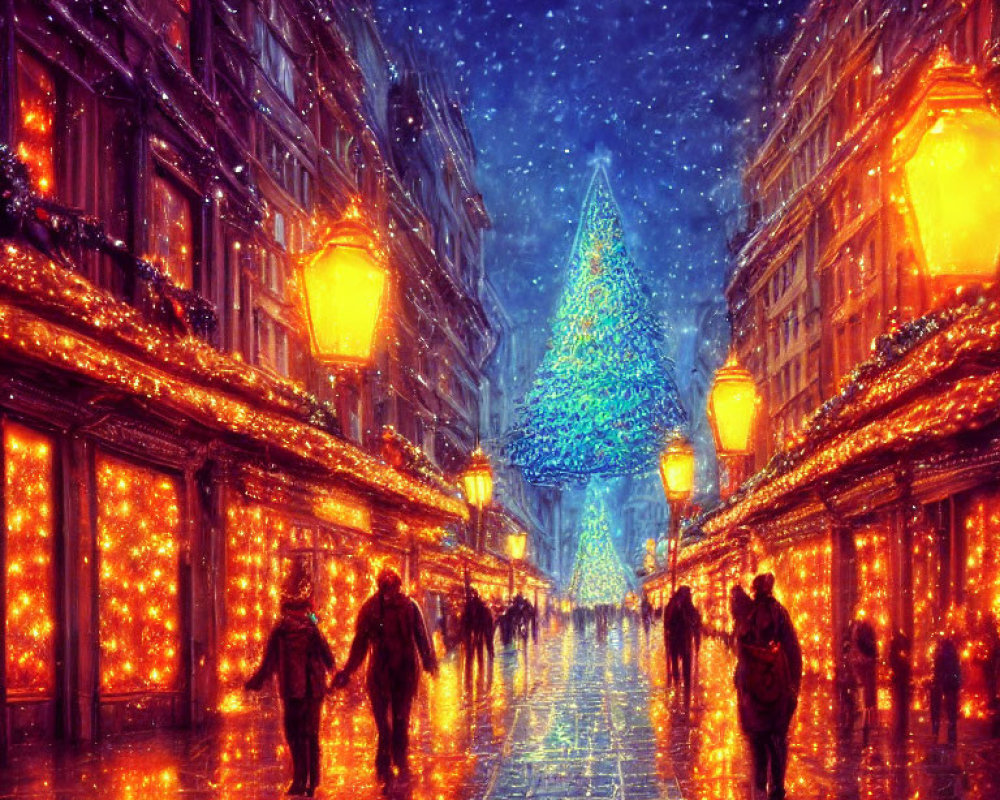 Festive street with golden lights, Christmas tree, pedestrians, snowy sky