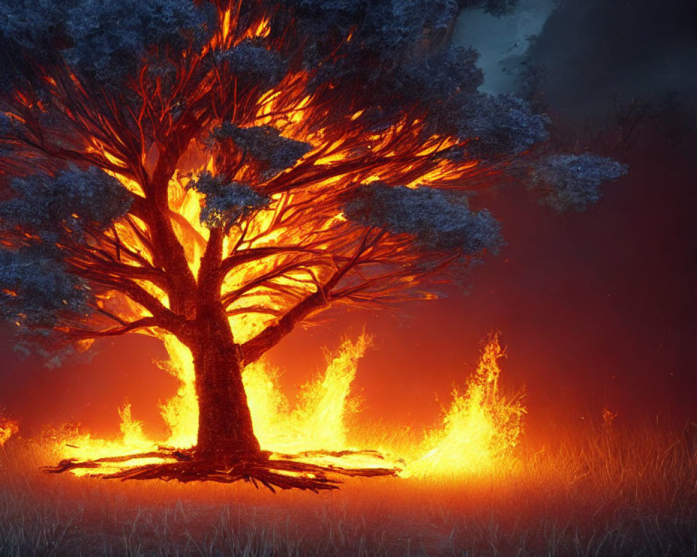 Vibrant tree ablaze with intense fire against dark backdrop