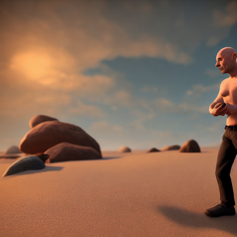 Confident bald animated character in desert landscape