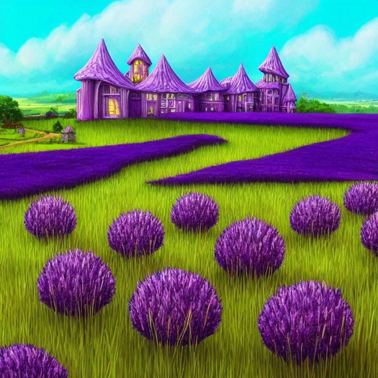 Fantasy landscape with purple-roofed houses and blooming lavender fields