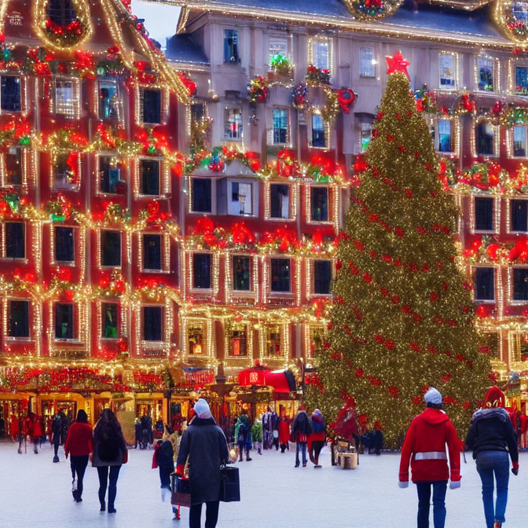 Festive Christmas Market with Pedestrians and Lit-Up Tree