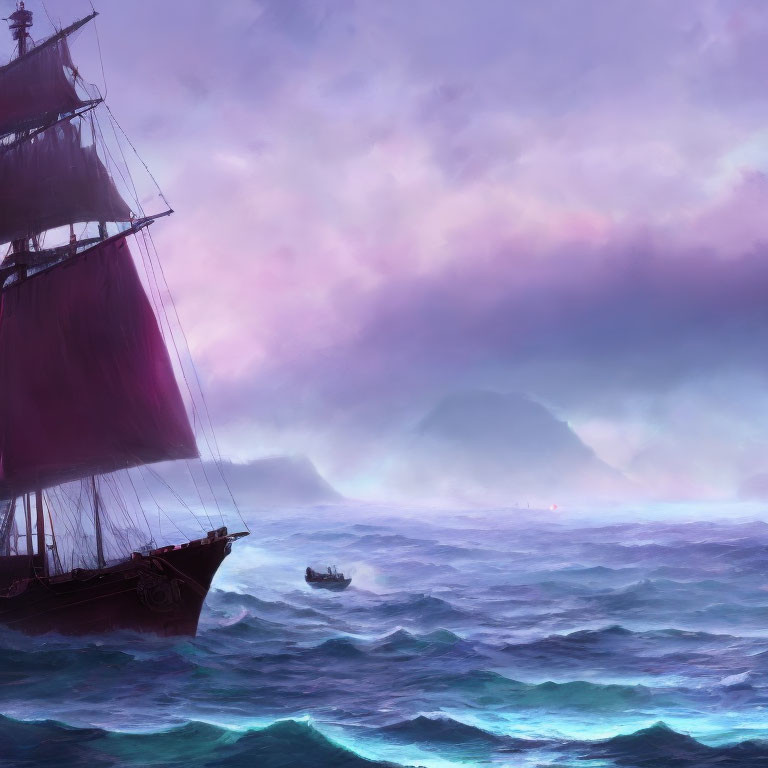 Sailing ship and small boat in stormy sea with purple sky