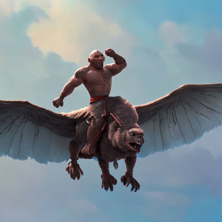 Muscular warrior on griffin flying under blue sky