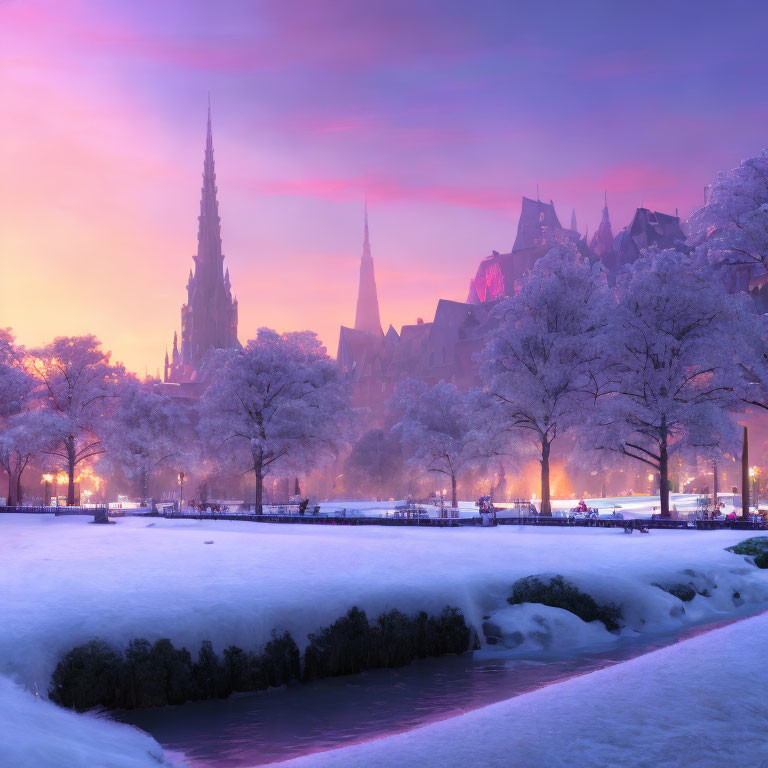 Twilight snow-covered park with frosted trees and pink sky