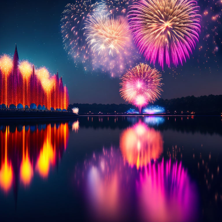 Colorful fireworks illuminate night sky over reflective lake and trees