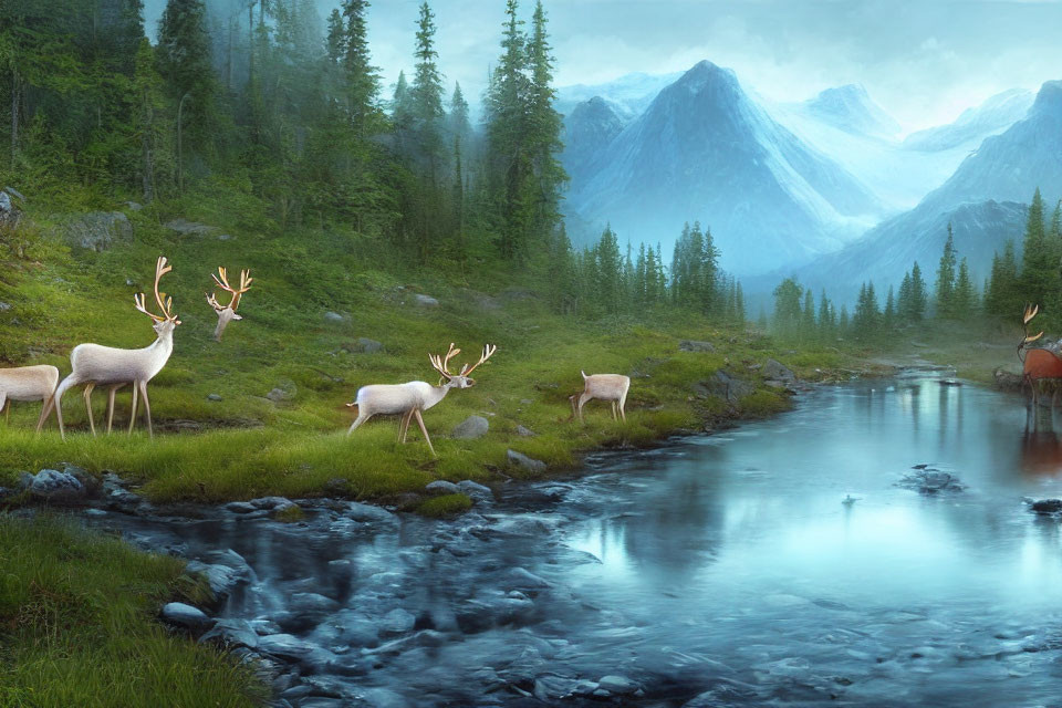 Tranquil riverside scene with deer grazing amidst lush greenery and misty mountains