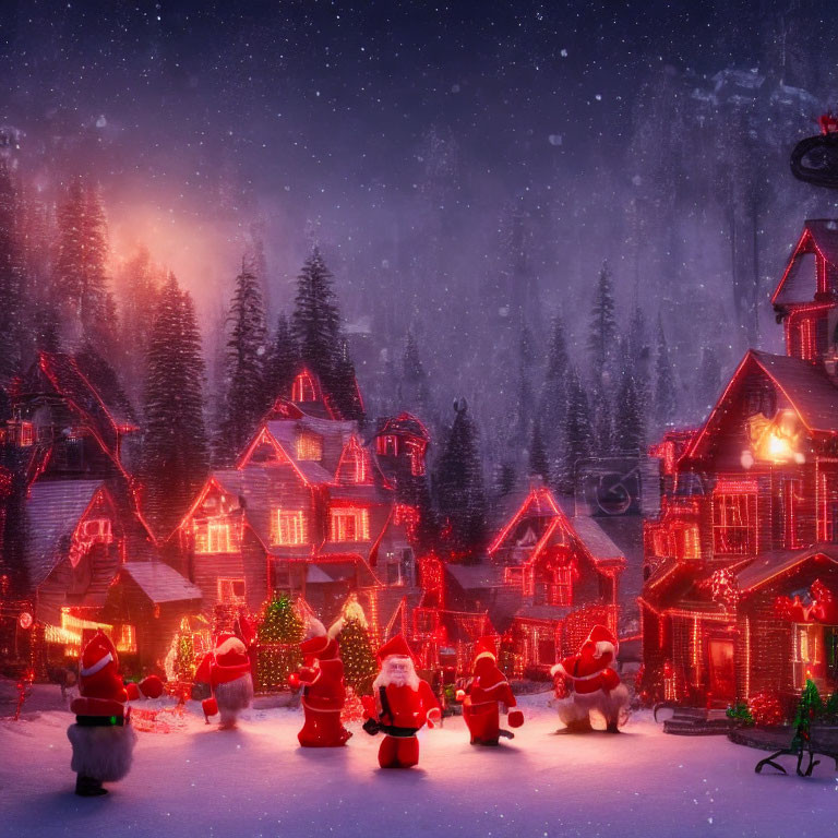 Snowy Night Village Scene with Illuminated Houses and Santa Claus Figures