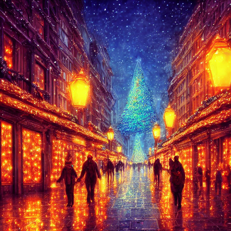 Festive street with golden lights, Christmas tree, pedestrians, snowy sky