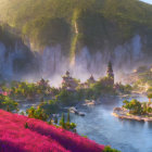 Asian landscape at misty sunrise with pagodas, river, greenery, and pink flowers