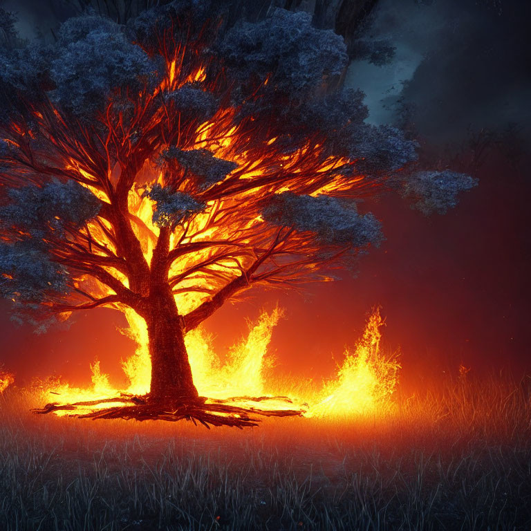 Vibrant tree ablaze with intense fire against dark backdrop