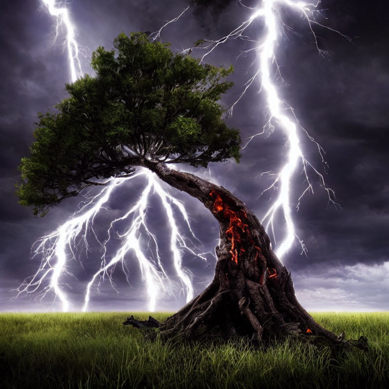 Twisted trunk tree in field under stormy sky with lightning strikes