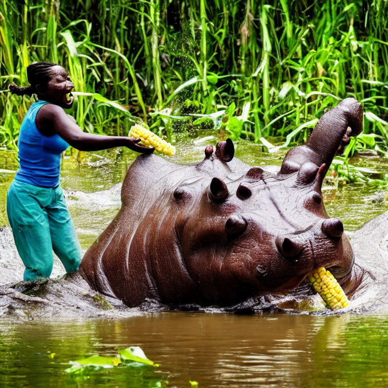 Person in Blue Clothing Feeding Hippopotamus with Corn Cobs in Lush Greenery