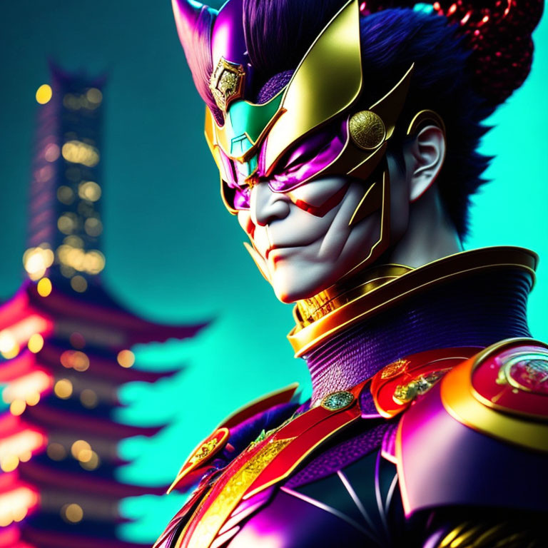 Colorful character in purple and gold costume with stylized helmet in front of city lights