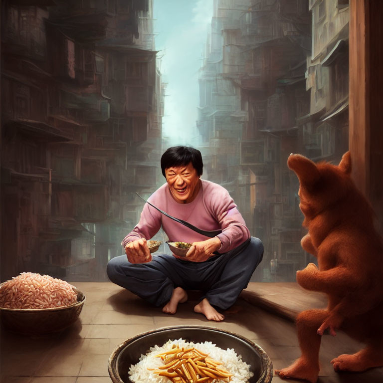 Man eating noodles smiles at teddy bear in narrow alley.