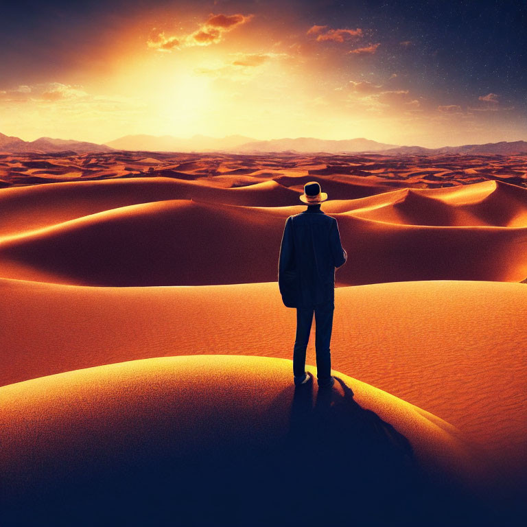 Businessperson in suit and hat watching sunset over desert dunes