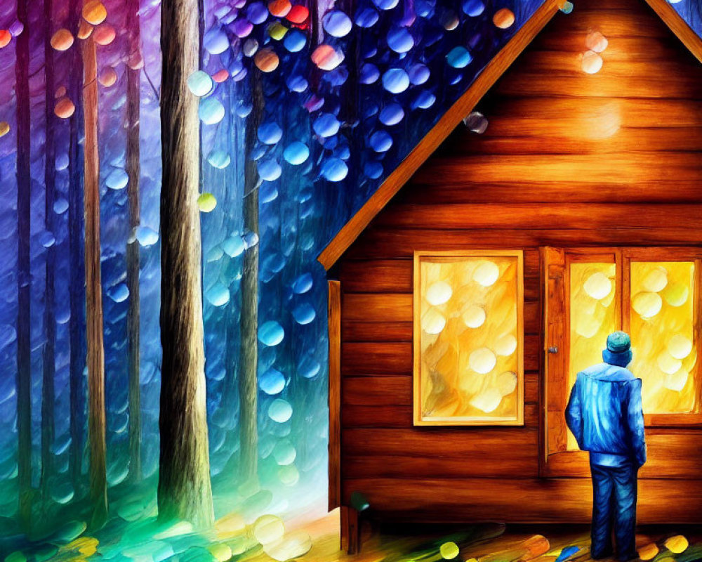 Person in Blue Jacket Standing in Front of Wooden Cabin with Colorful Lights in Vibrant Forest