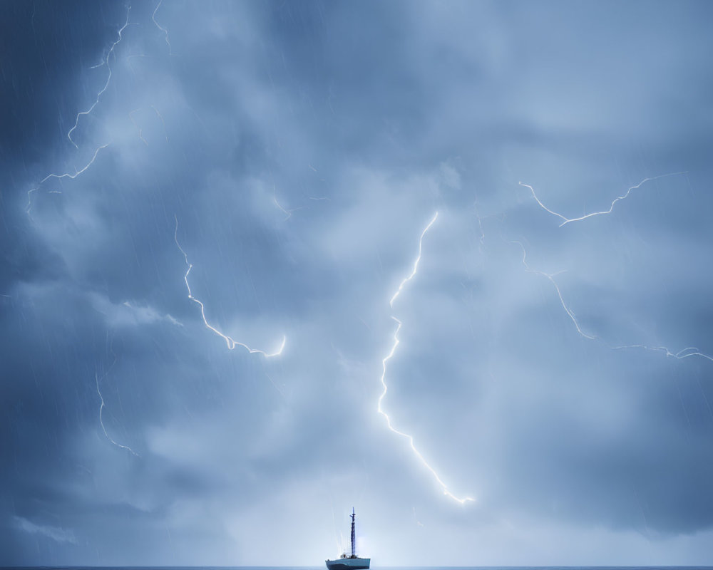 Ship in Stormy Seas with Lightning Illumination