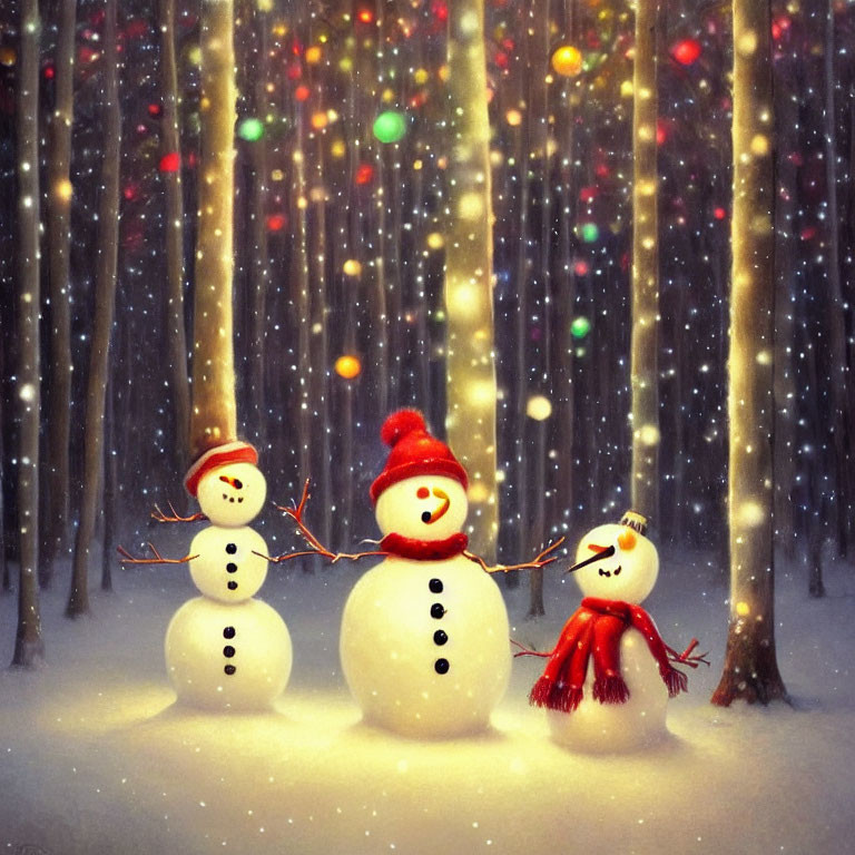 Snowmen with hats and scarves in snowy forest with colorful lights