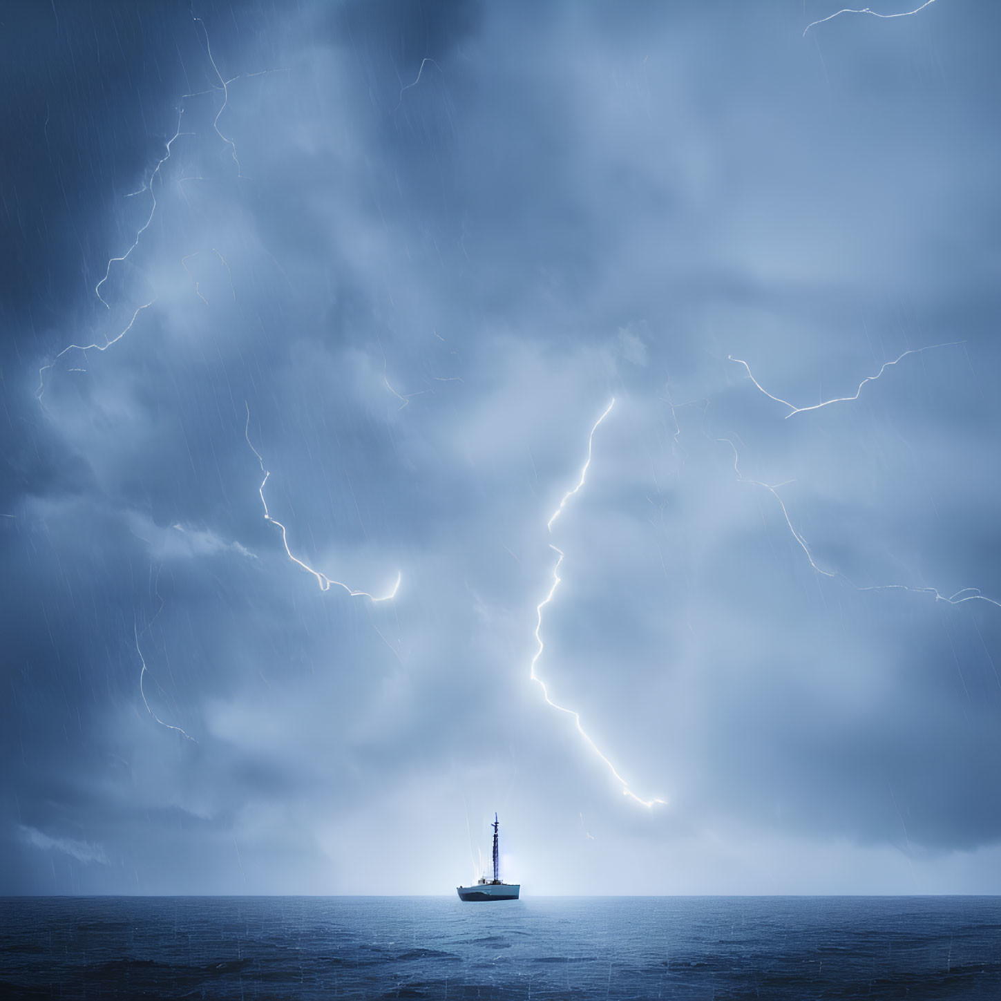 Ship in Stormy Seas with Lightning Illumination