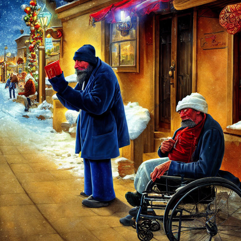 Winter street scene with man in wheelchair and person holding red book, snowy ground and festive decorations.