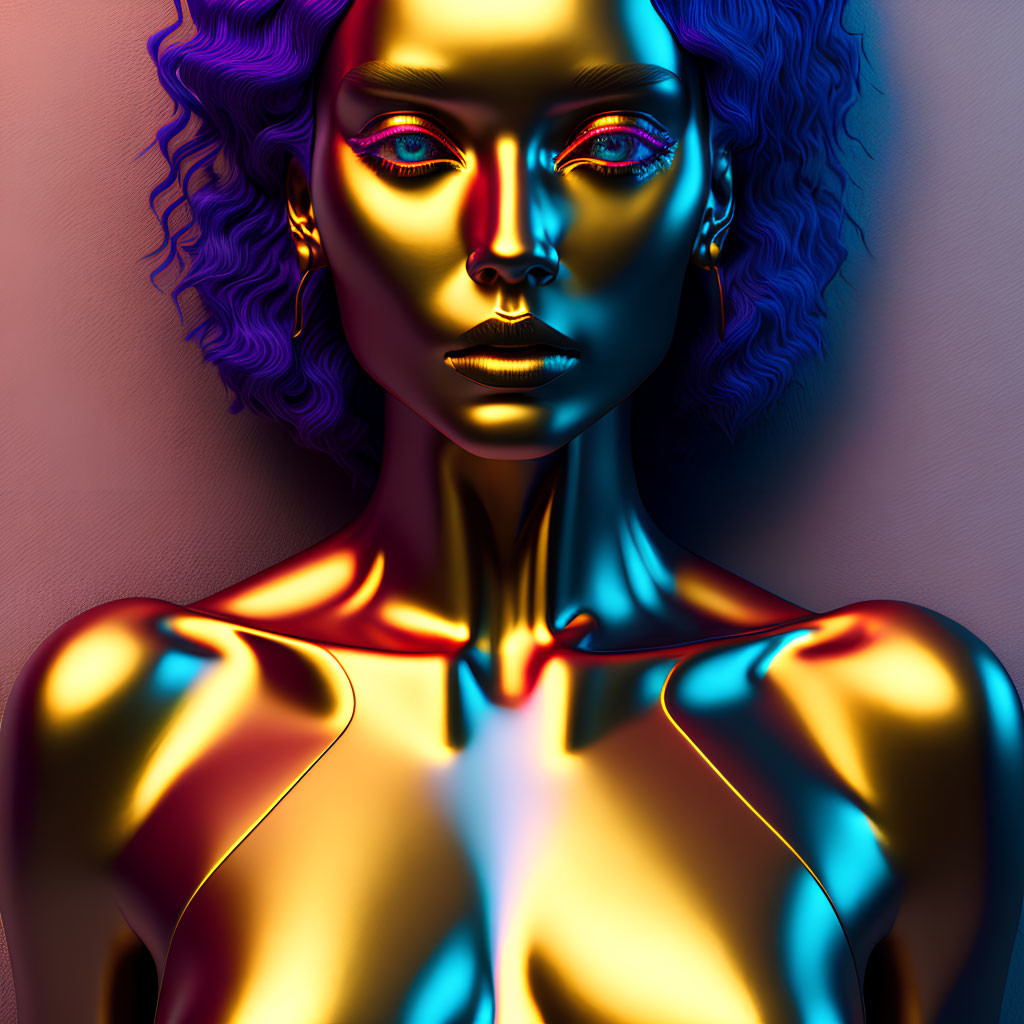 Colorful digital portrait of female figure with blue and purple hair and neon makeup.