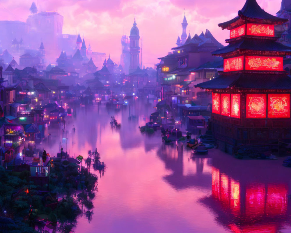 Fantastical Asian cityscape at dusk with lantern-lit river & purple fog