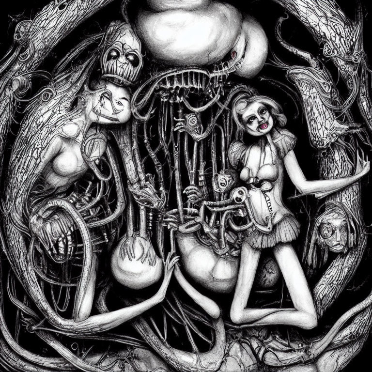 Detailed Black and White Surreal Illustration with Grotesque Figures