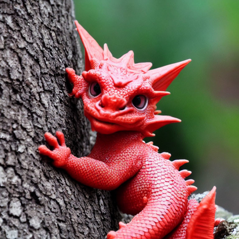 Detailed Red Dragon Figurine Clinging to Tree Trunk