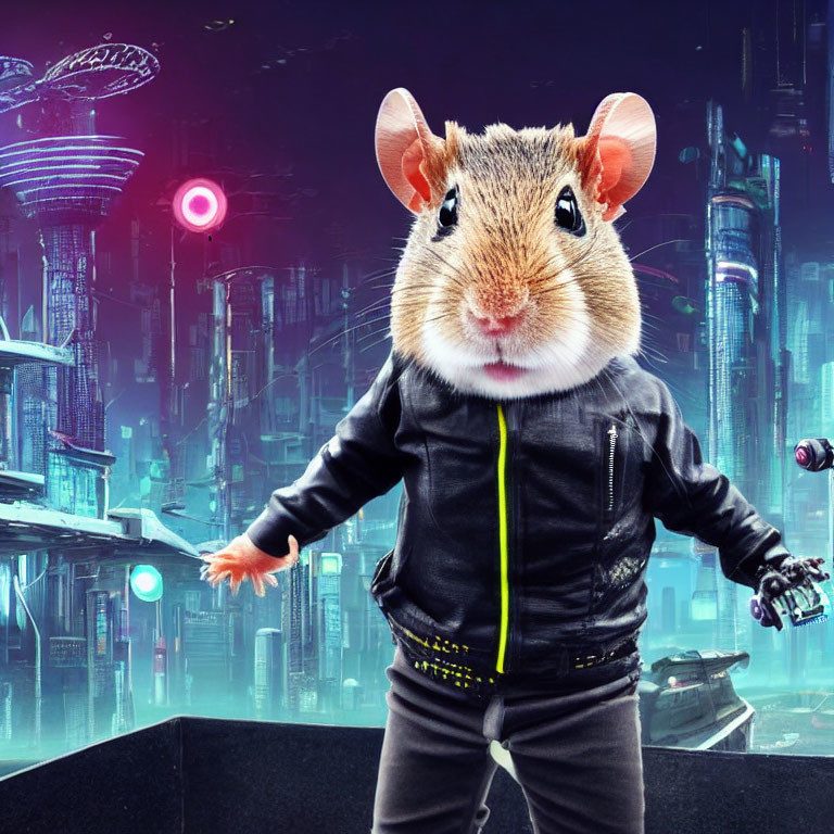 Human-Body Hamster in Leather Jacket Against Futuristic Cityscape