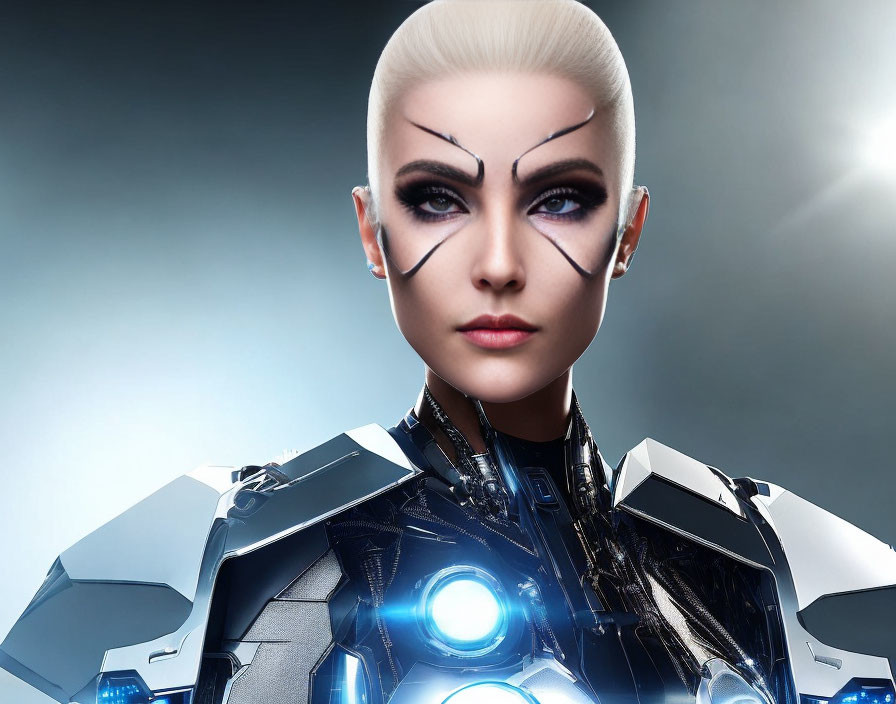 White-haired female cyborg in high-tech armor with glowing blue details on grey backdrop