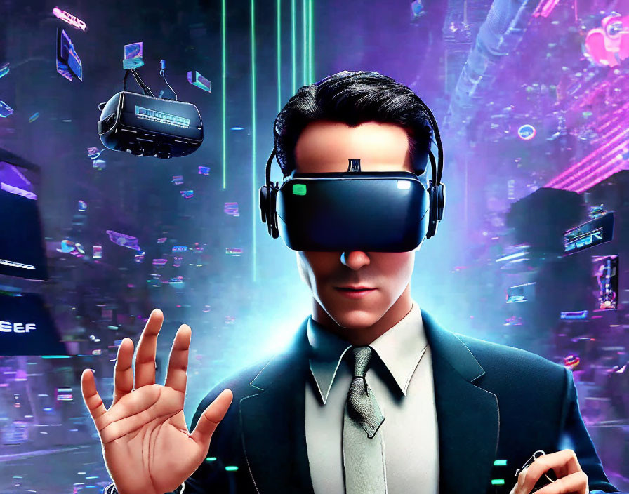 Virtual reality character in suit with raised hand in neon-lit setting