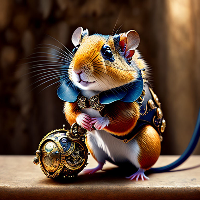 Medieval armor-clad mouse with spherical object in whimsical illustration