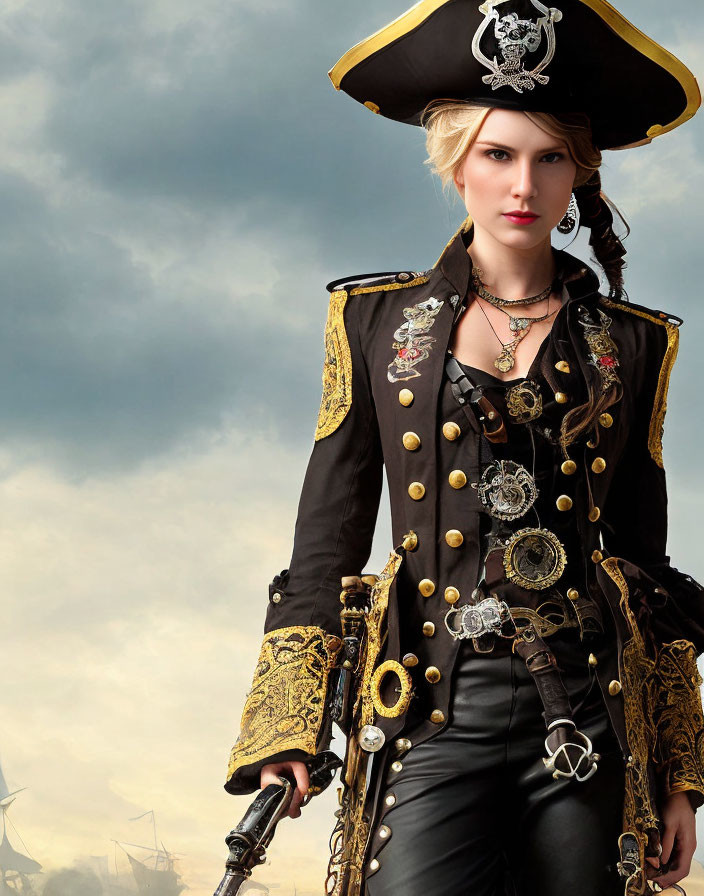 Elaborate pirate costume with tricorne hat against ship backdrop